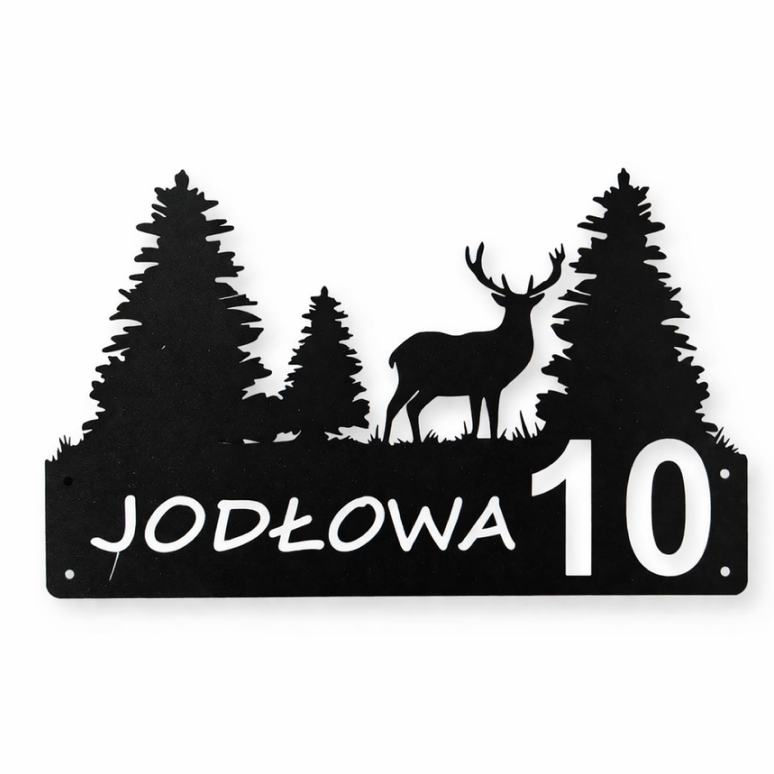 Obrazek (7) Metalowa tabliczka adresowa z motywem leśnym i jeleniem – czarna - obrazek 1